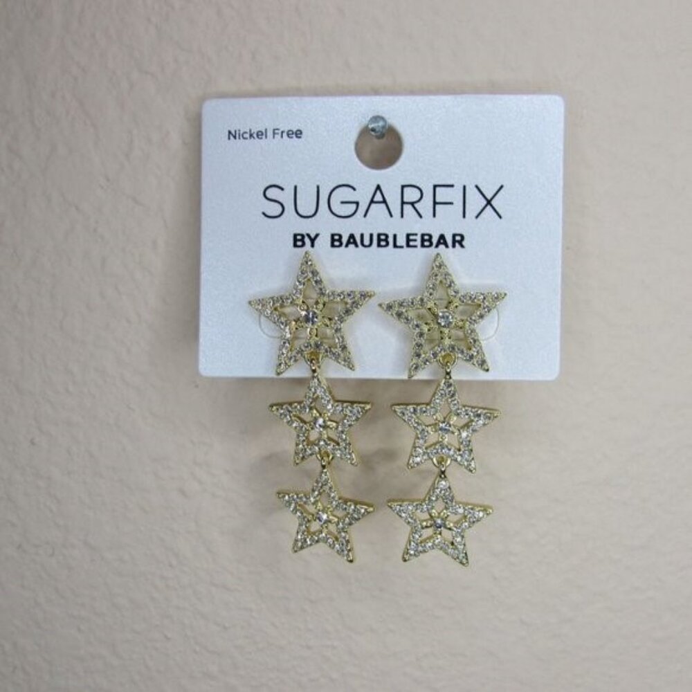 SUGARFIX BaubleBar Stacked Star Drop Earrings Metallic Gold Rhinestone - Picture 2 of 2